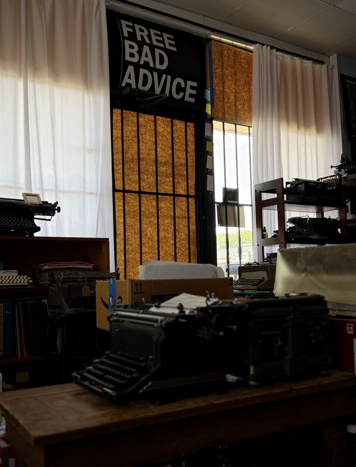 Inside the shop window: a banner reading FREE BAD ADVICE hangs over the sunlit front window, typewriters silhouetted in the foreground.