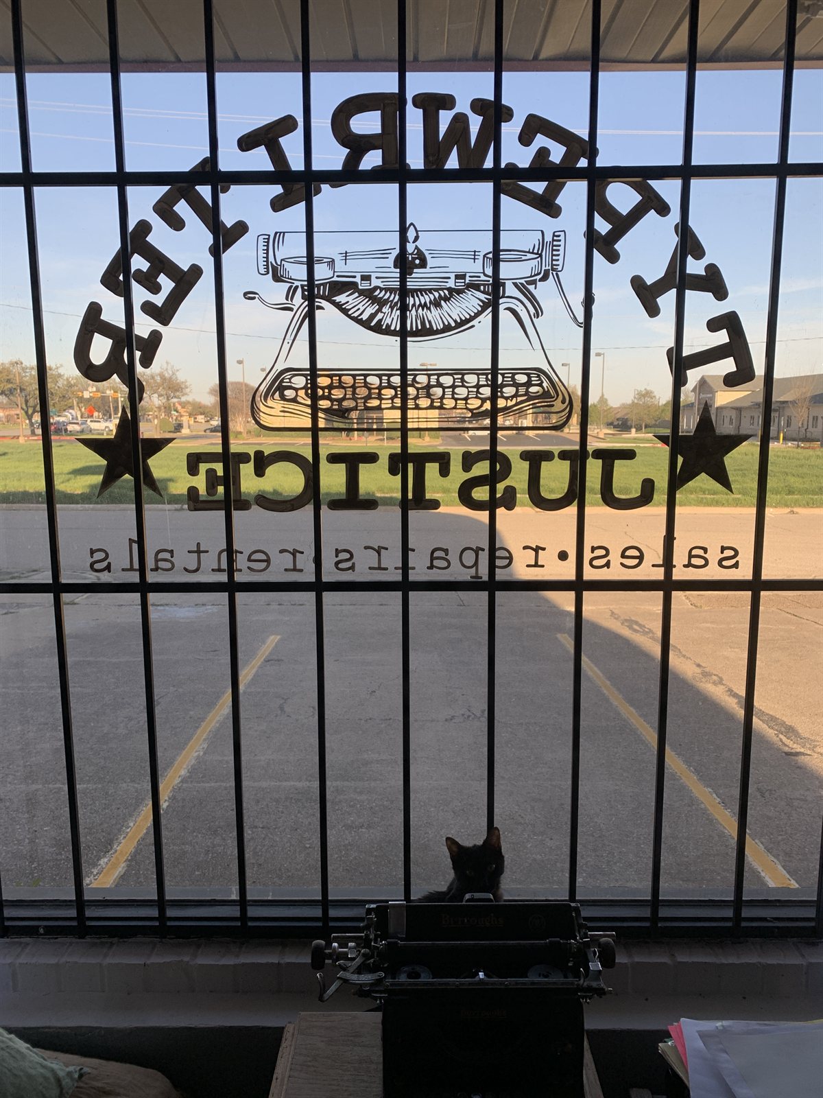 Looking out through the shop's barred front window at sunrise, a black cat and an old typewriter silhouetted on the sill, the Typewriter Justice decal reading in reverse from inside.