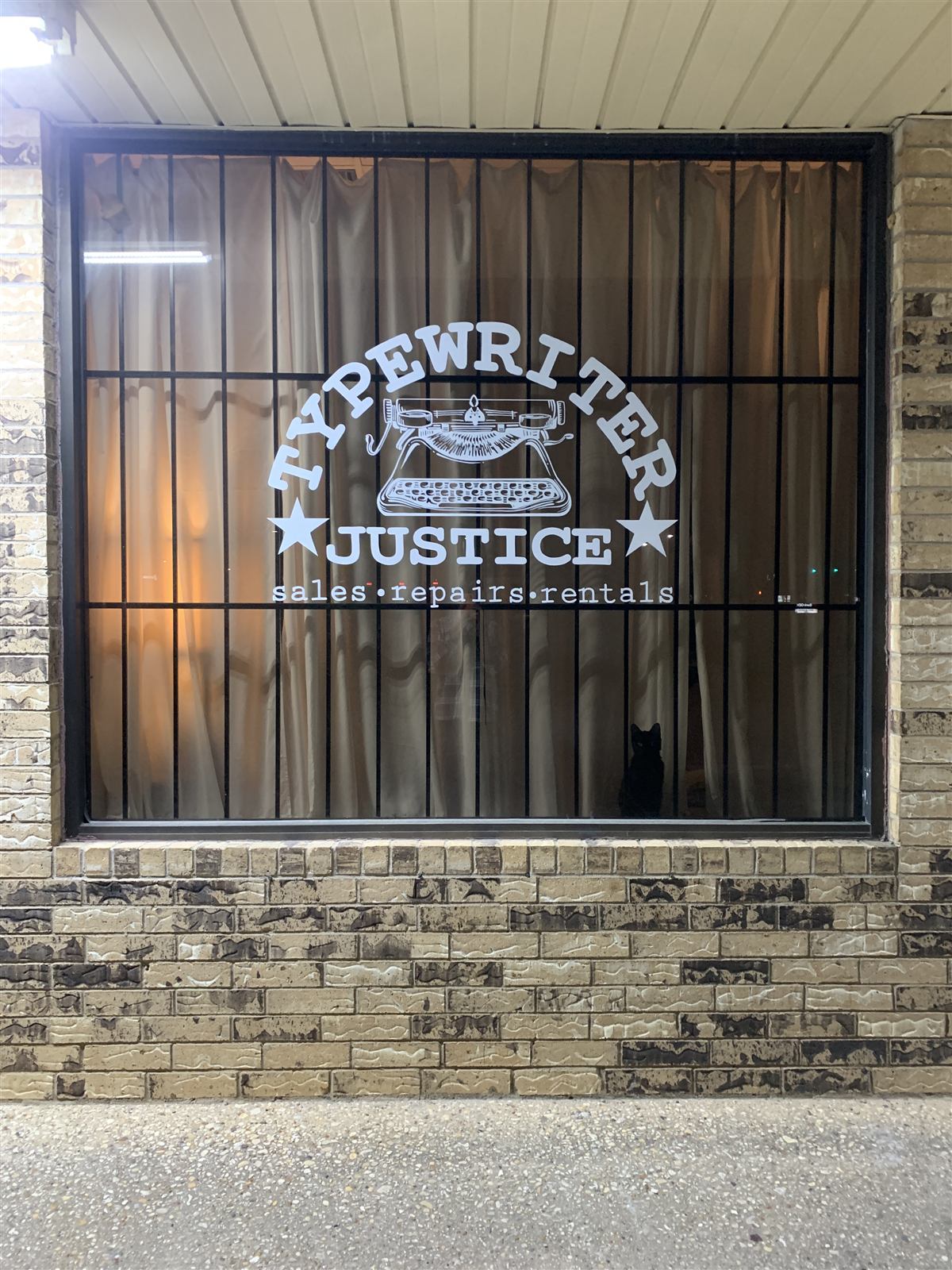 Daytime view of the shop's front window decal, the black cat visible sitting just inside the glass.